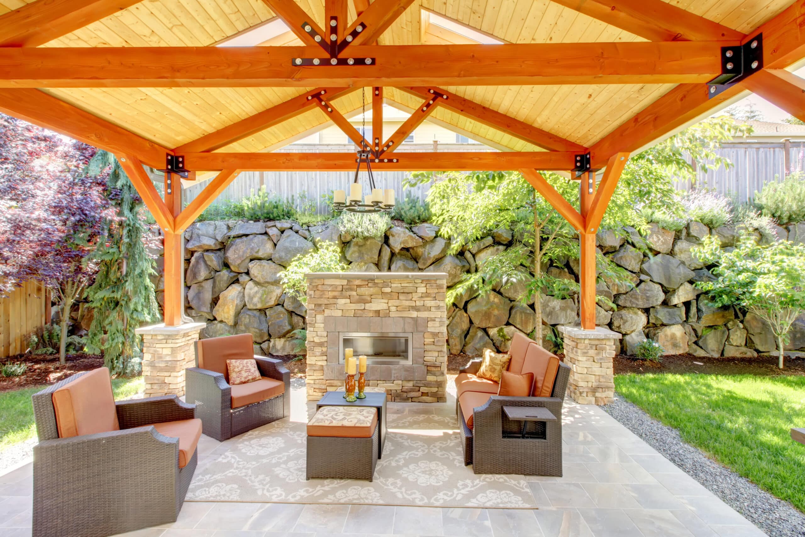 Your Patio in Summer Exterior covered patio with fireplace and furniture. Wood ceiling with skylights. Your Patio in Summer