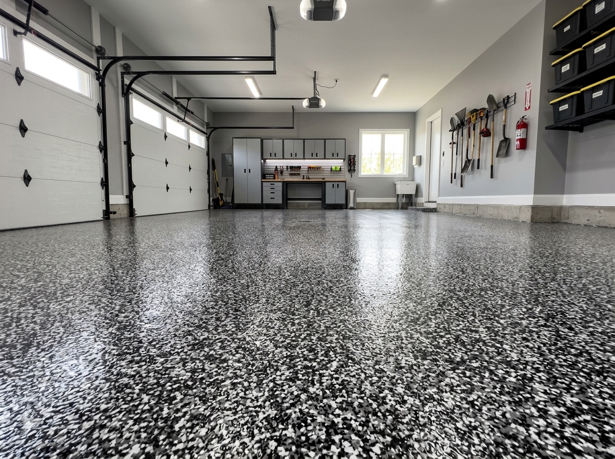 epoxy floor black and white garage modern high contrast flake design - epoxy floor black and white