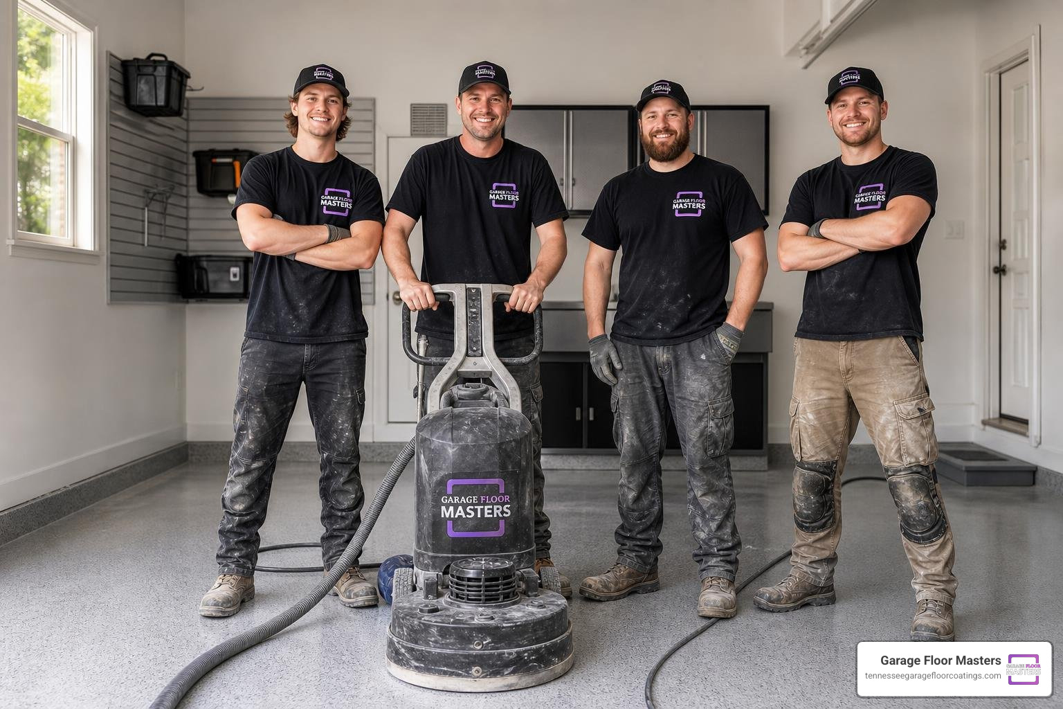 Garage Floor Masters team standing proudly with professional concrete grinding equipment